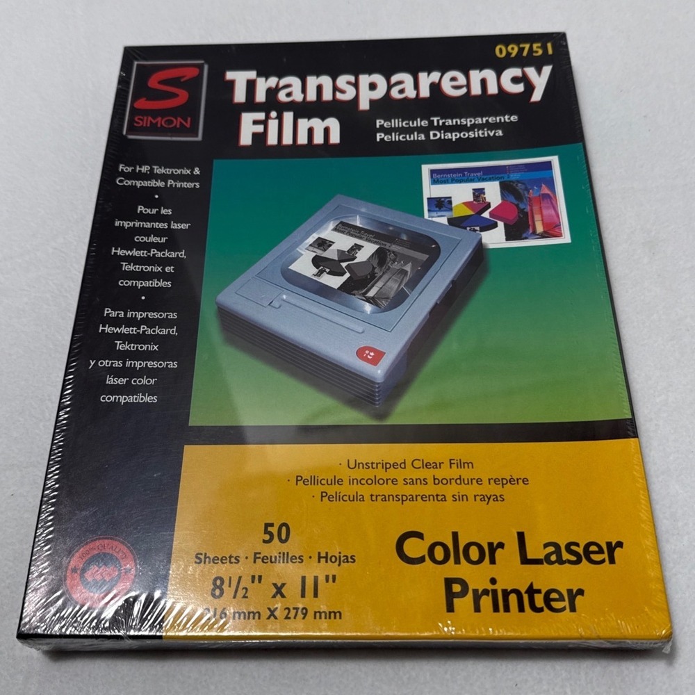 Simon Transparency Film 09751 Color Laser Printer 8.5x11 Clear 50 Sheets New